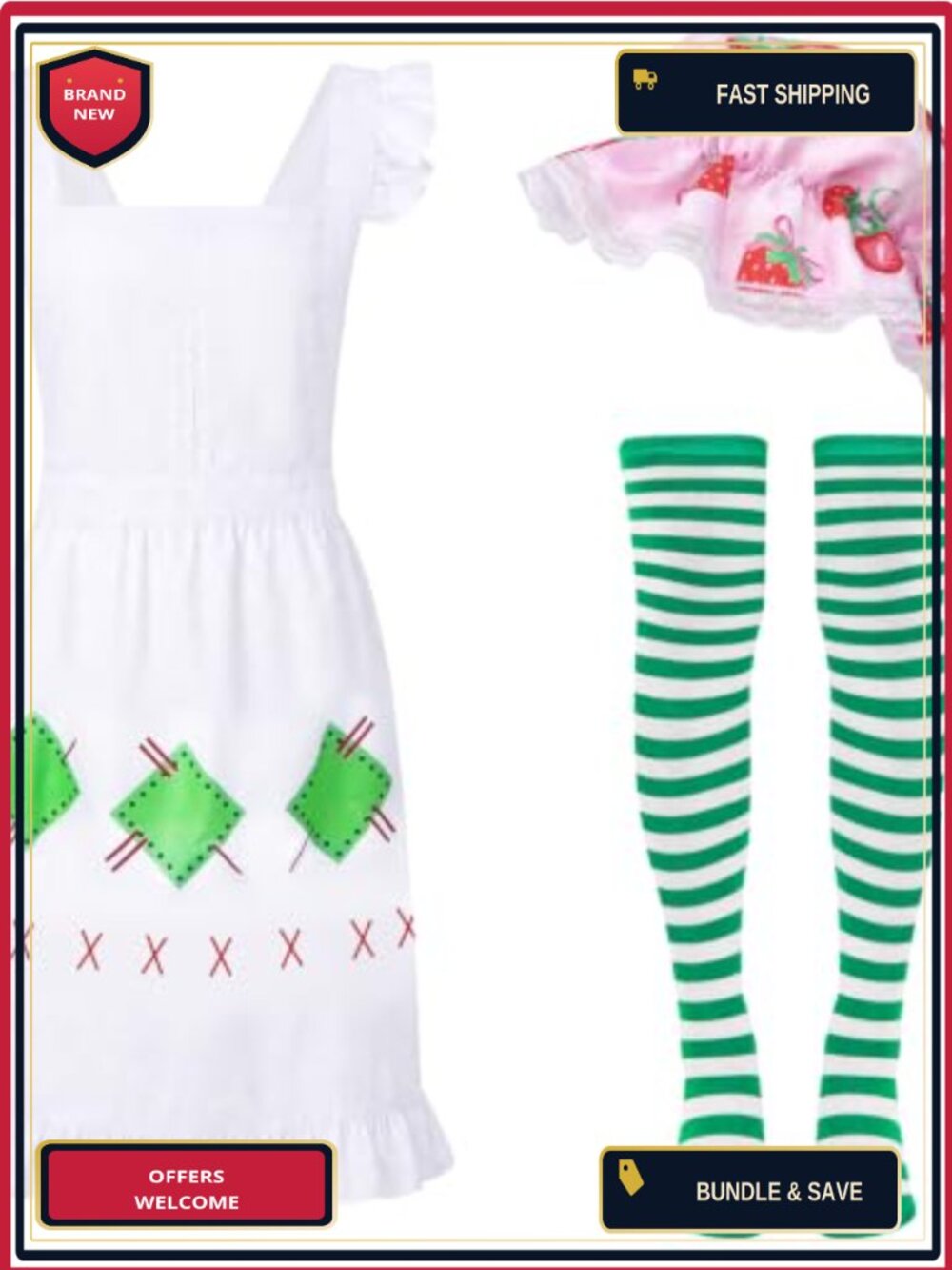 Strawberry Cake 3-Piece Costume Set Apron Bonnet Socks Adult Women Halloween